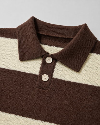 Men's Rugby Polo Sweater - Striped Knit Long Sleeve Relaxed Fit