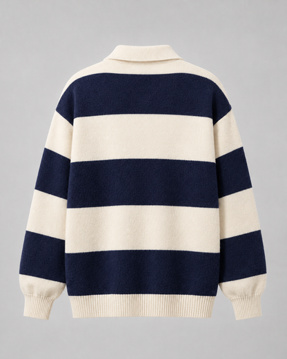 Men's Rugby Polo Sweater - Striped Knit Long Sleeve Relaxed Fit