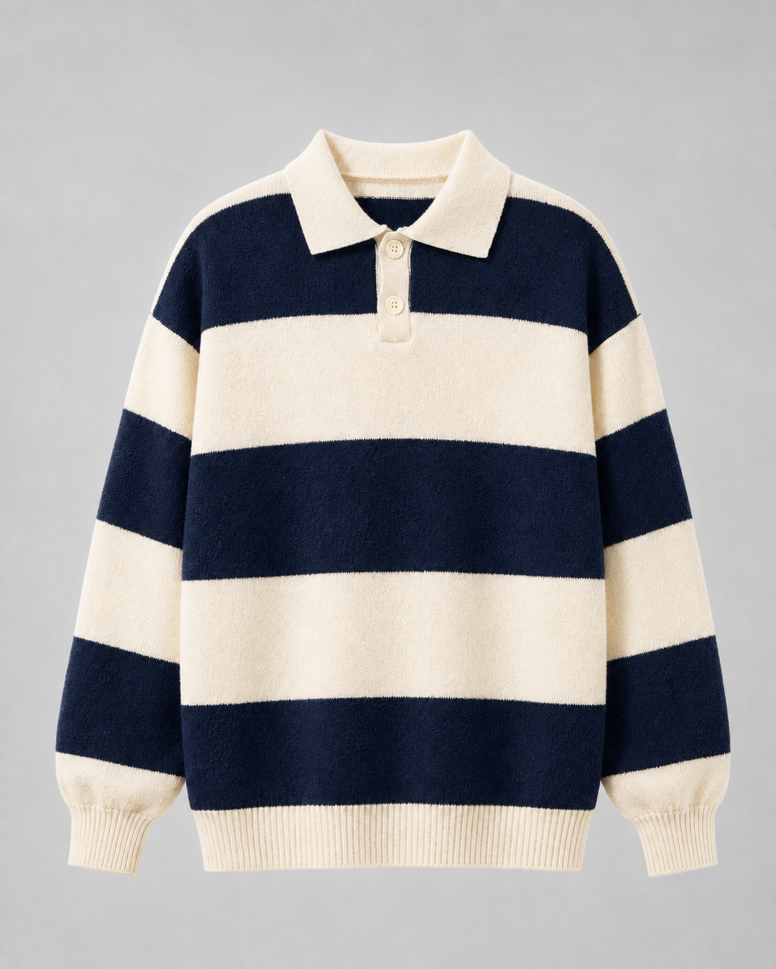 Men's Rugby Polo Sweater - Striped Knit Long Sleeve Relaxed Fit