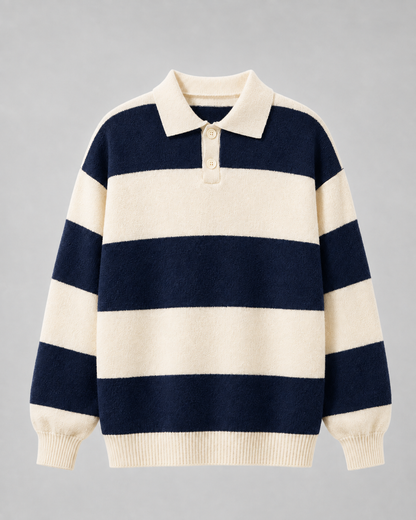 Men's Rugby Polo Sweater - Striped Knit Long Sleeve Relaxed Fit