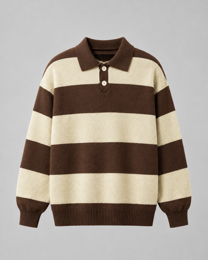 Men's Rugby Polo Sweater - Striped Knit Long Sleeve Relaxed Fit