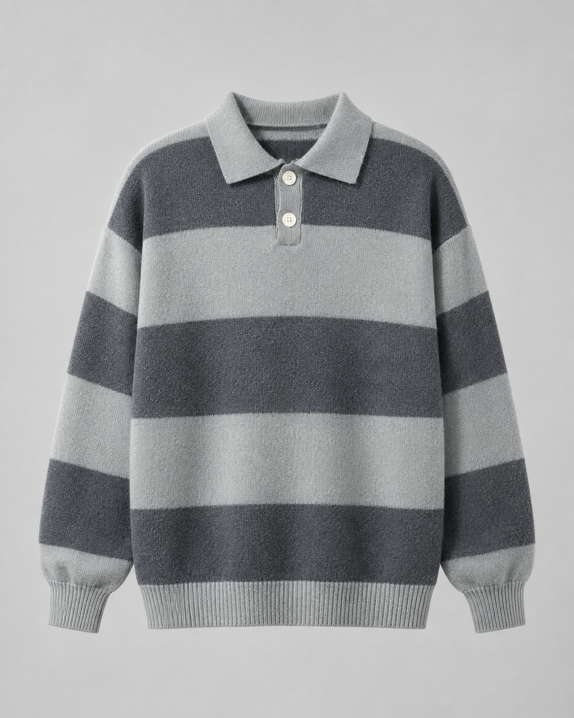 Men's Rugby Polo Sweater - Striped Knit Long Sleeve Relaxed Fit