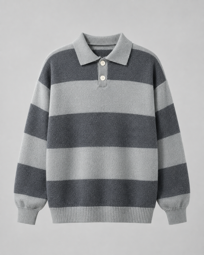 Men's Rugby Polo Sweater - Striped Knit Long Sleeve Relaxed Fit