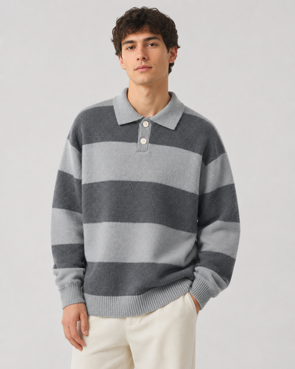 Men's Rugby Polo Sweater - Striped Knit Long Sleeve Relaxed Fit
