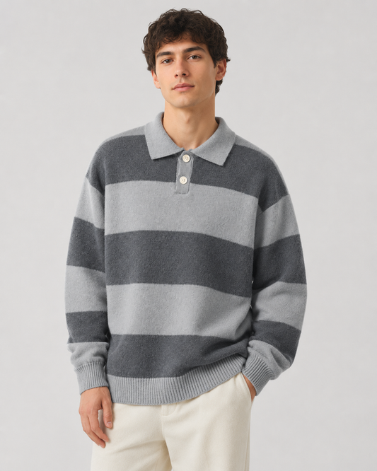 Men's Rugby Polo Sweater - Striped Knit Long Sleeve Relaxed Fit