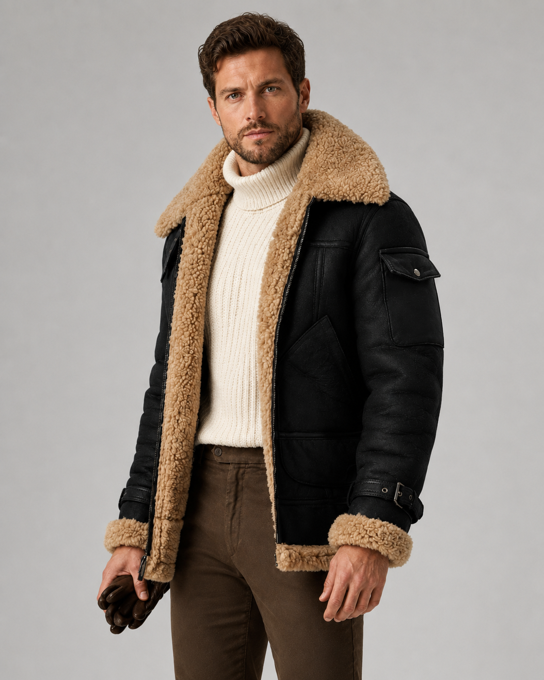 Men's Aviator Jacket - Faux Leather Shearling Lined