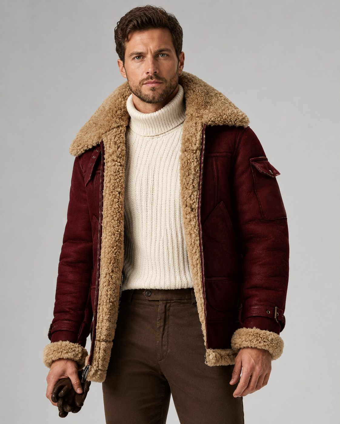 Men's Aviator Jacket - Faux Leather Shearling Lined