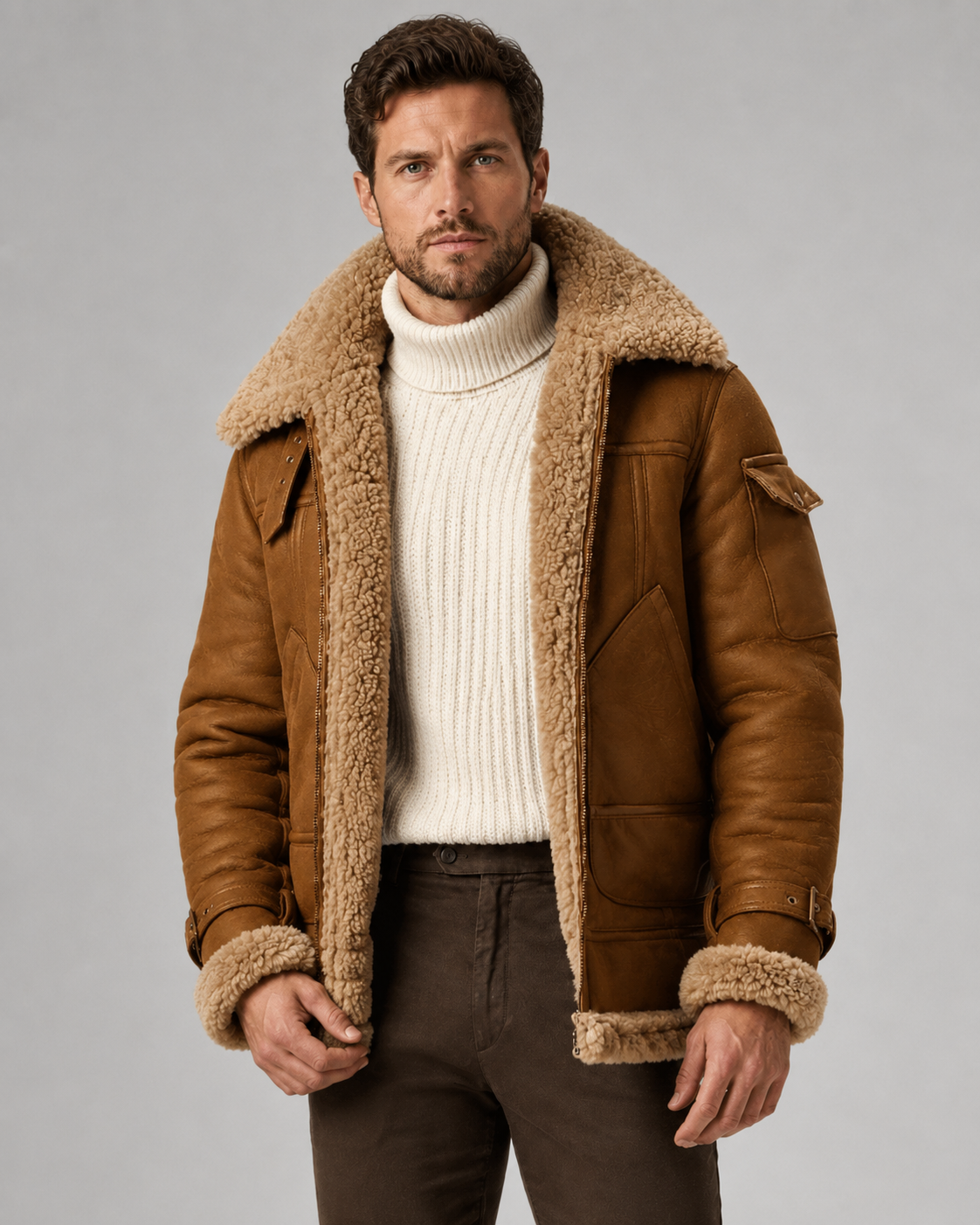 Men's Aviator Jacket - Faux Leather Shearling Lined