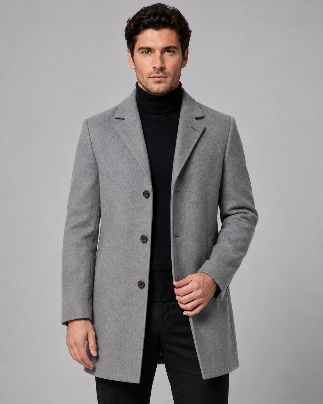 Men's Wool Coat - Single Breasted Notch Lapel Tailored Fit
