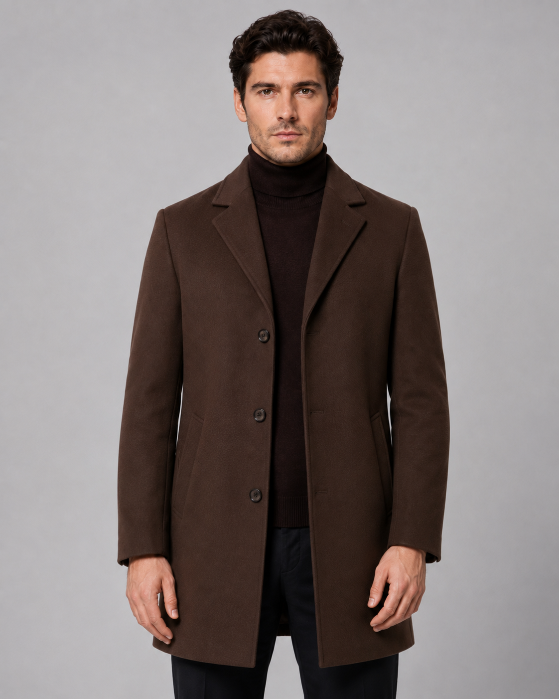 Men's Wool Coat - Single Breasted Notch Lapel Tailored Fit