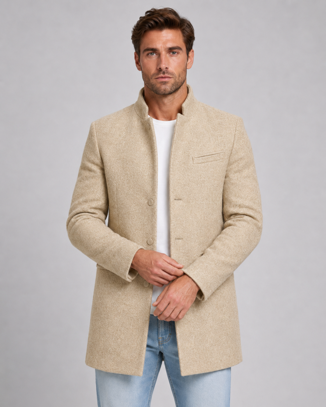 Men's Wool Coat - Stand Collar Single Breasted