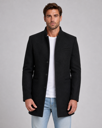 Men's Wool Coat - Stand Collar Single Breasted