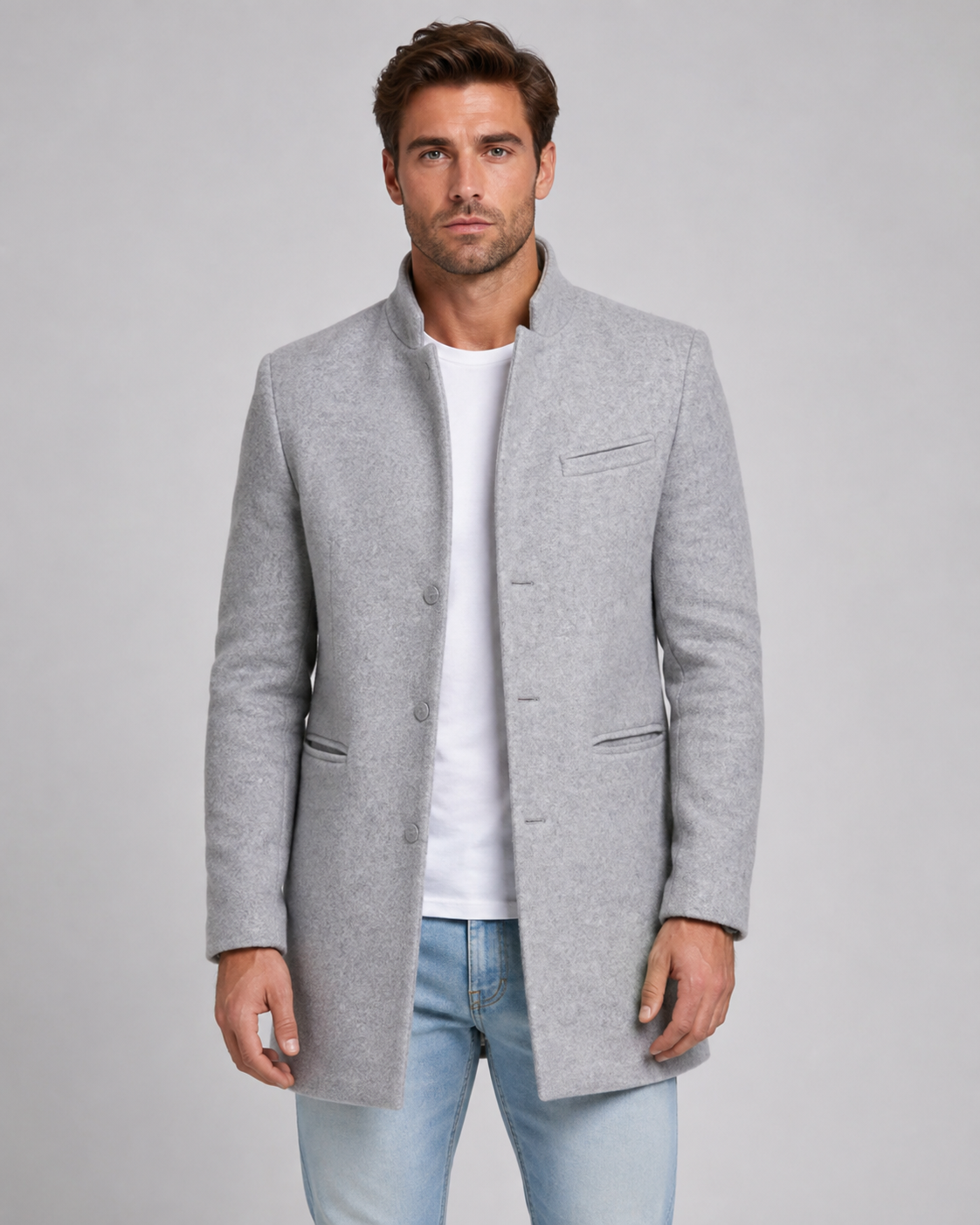 Men's Wool Coat - Stand Collar Single Breasted