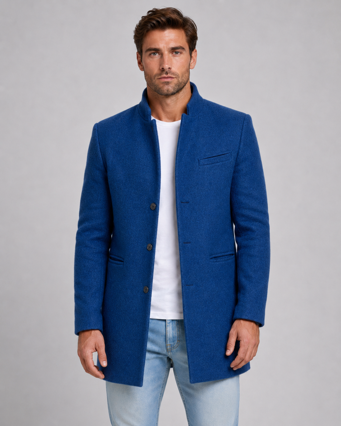 Men's Wool Coat - Stand Collar Single Breasted