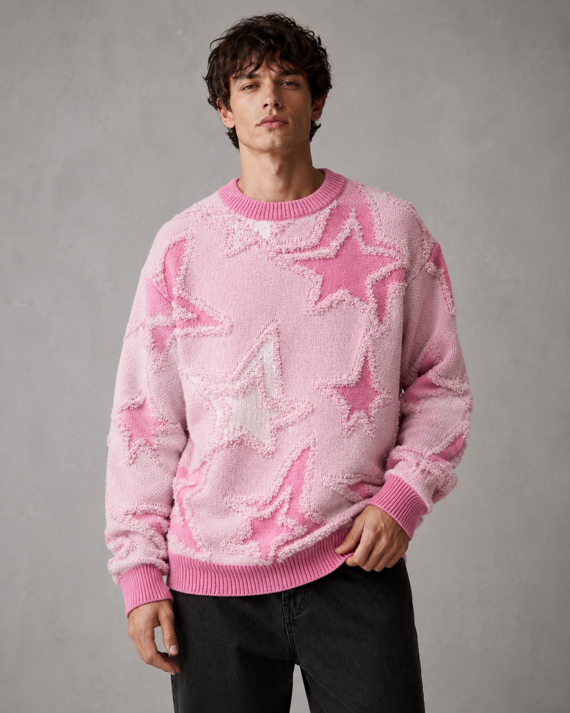 Men's Star Knit Sweater - Textured Graphic Crew Neck