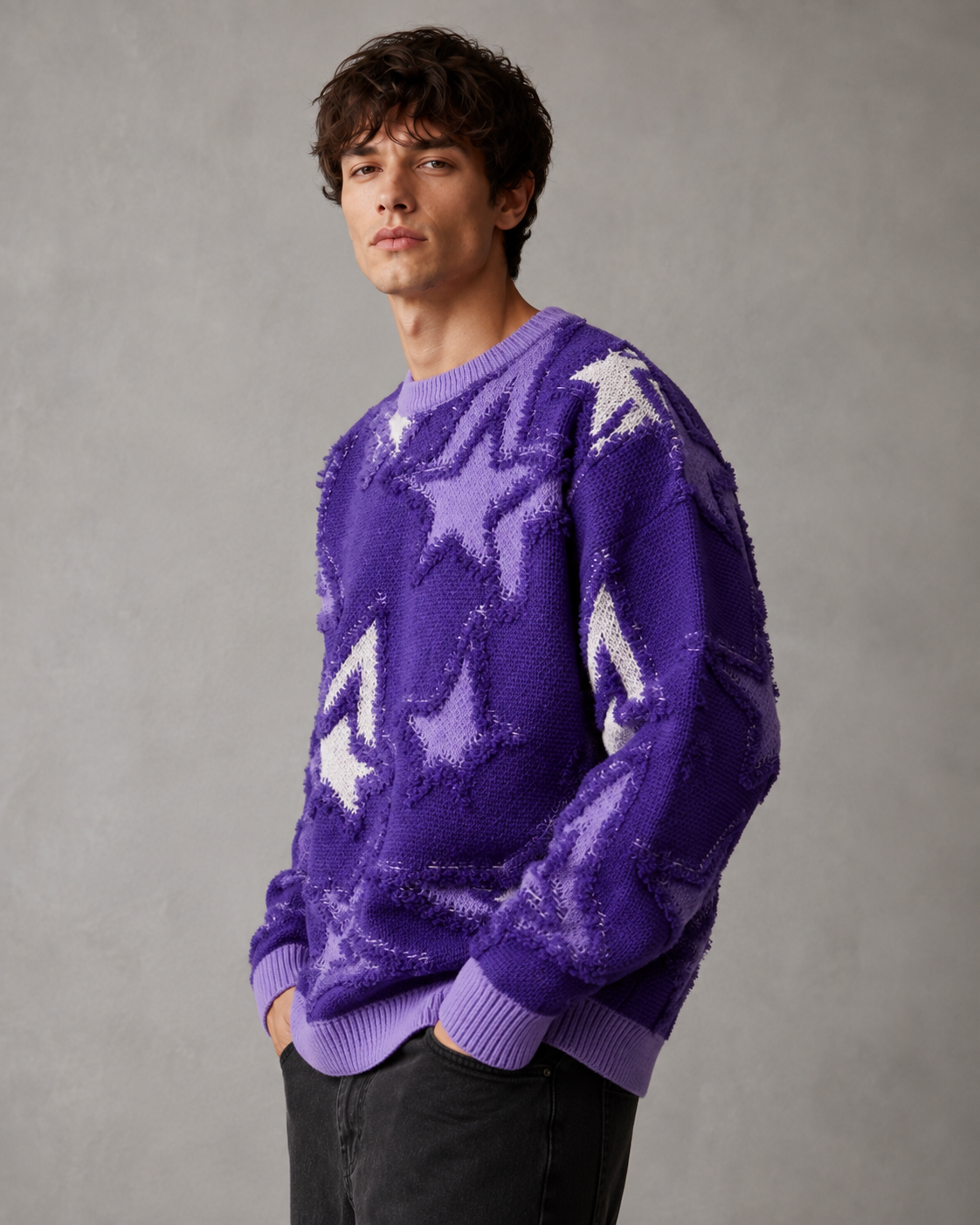 Men's Star Knit Sweater - Textured Graphic Crew Neck