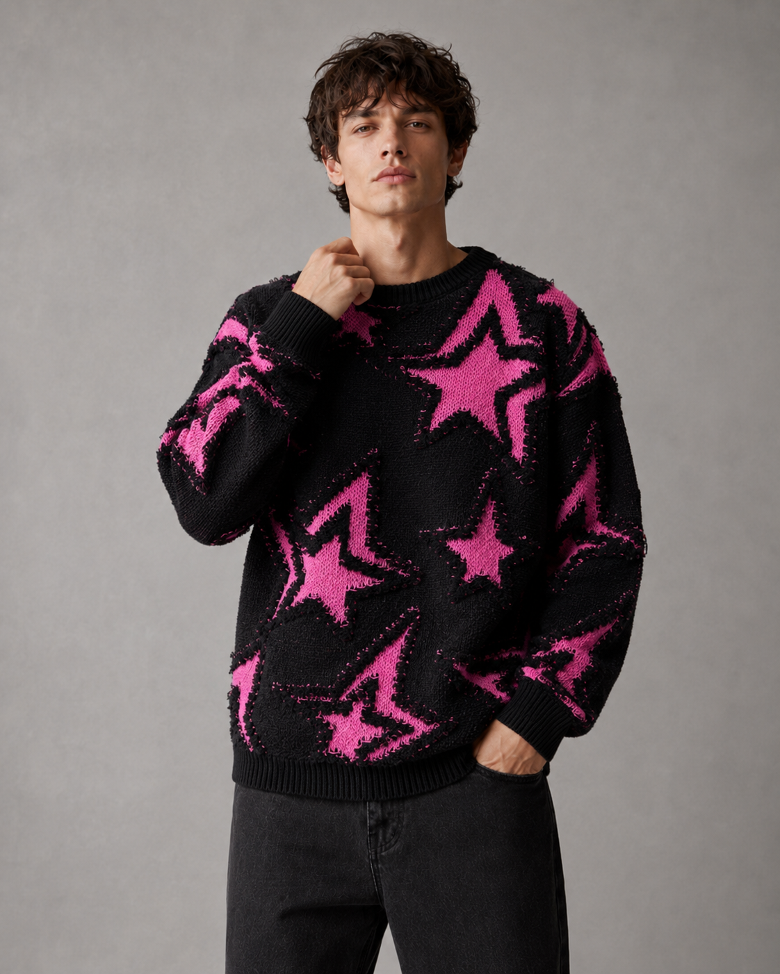 Men's Star Knit Sweater - Textured Graphic Crew Neck