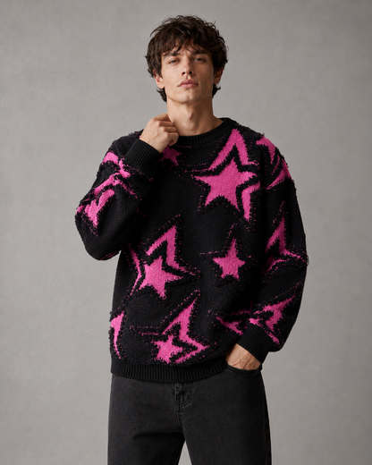 Men's Star Knit Sweater - Textured Graphic Crew Neck