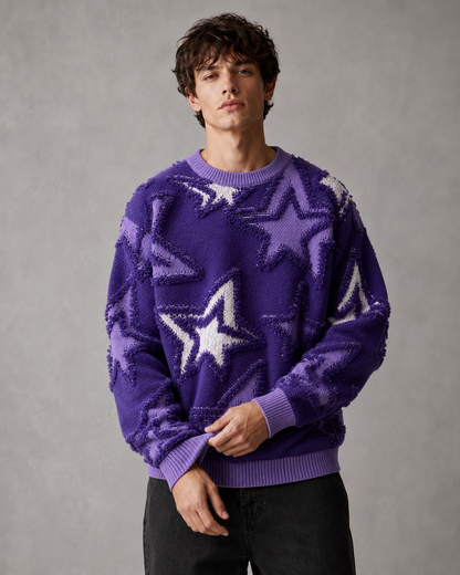 Men's Star Knit Sweater - Textured Graphic Crew Neck