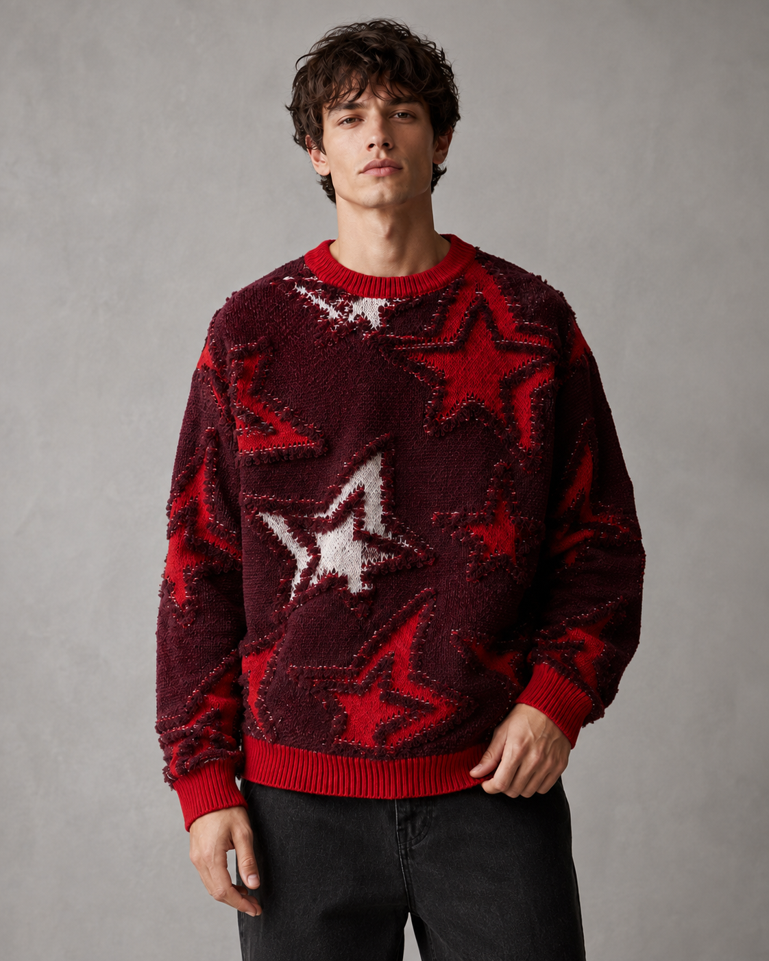 Men's Star Knit Sweater - Textured Graphic Crew Neck