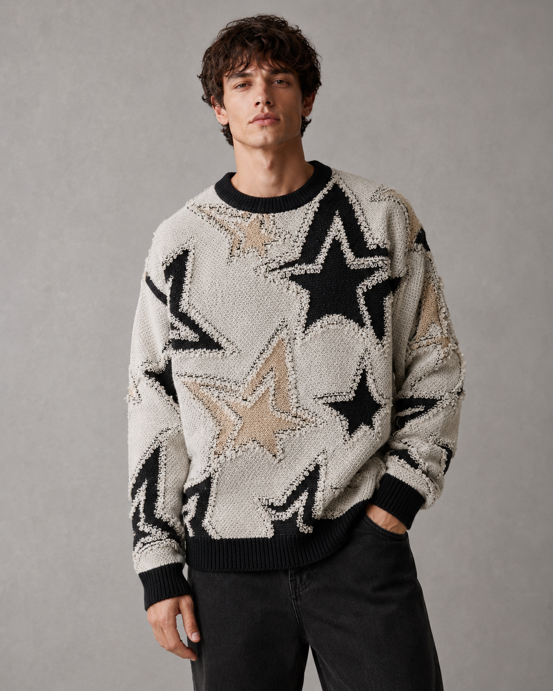 Men's Star Knit Sweater - Textured Graphic Crew Neck