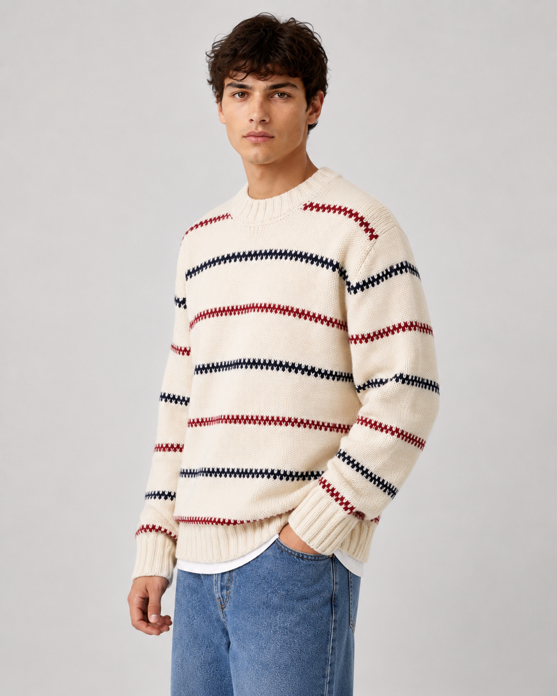 Men's Striped Knit Sweater - Crew Neck Relaxed Fit