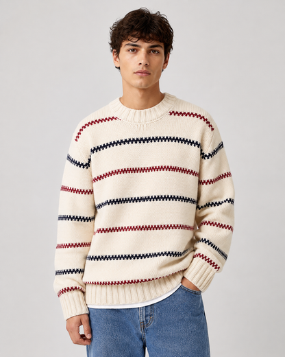 Men's Striped Knit Sweater - Crew Neck Relaxed Fit