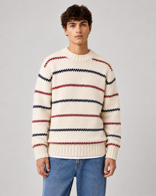 Men's Striped Knit Sweater - Crew Neck Relaxed Fit