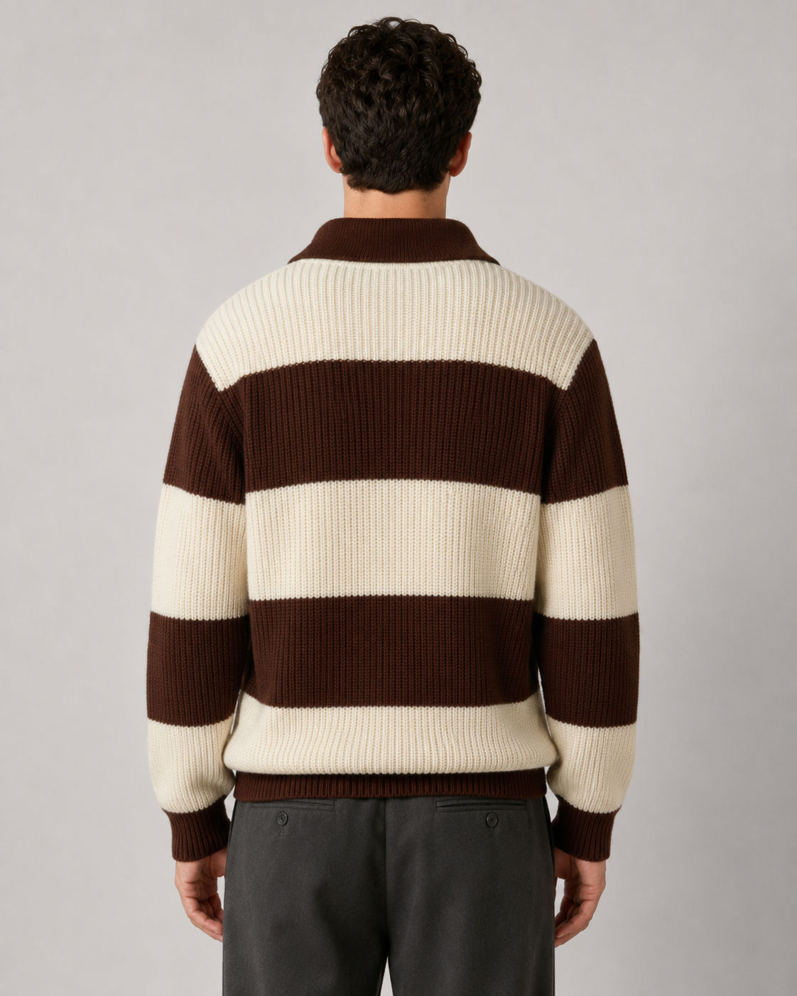Men's Striped Polo Sweater - Knit Button Collar Pullover