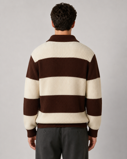 Men's Striped Polo Sweater - Knit Button Collar Pullover