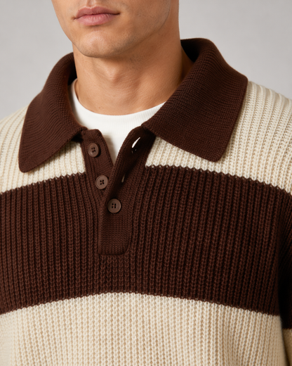 Men's Striped Polo Sweater - Knit Button Collar Pullover