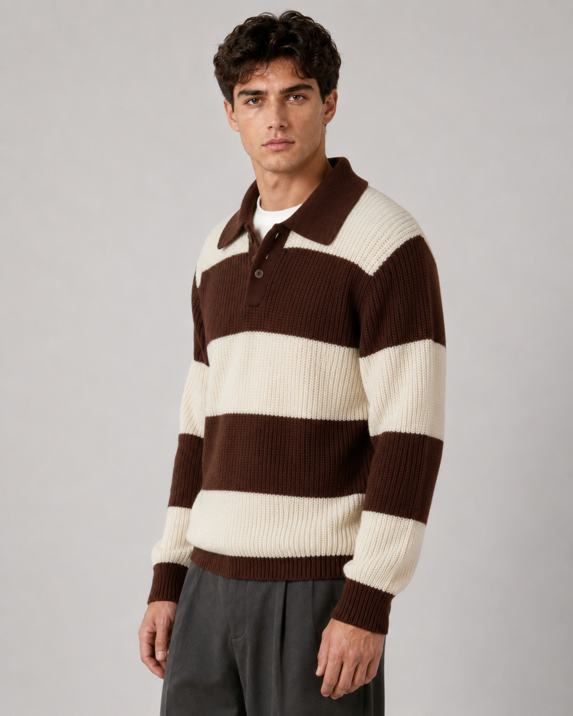 Men's Striped Polo Sweater - Knit Button Collar Pullover