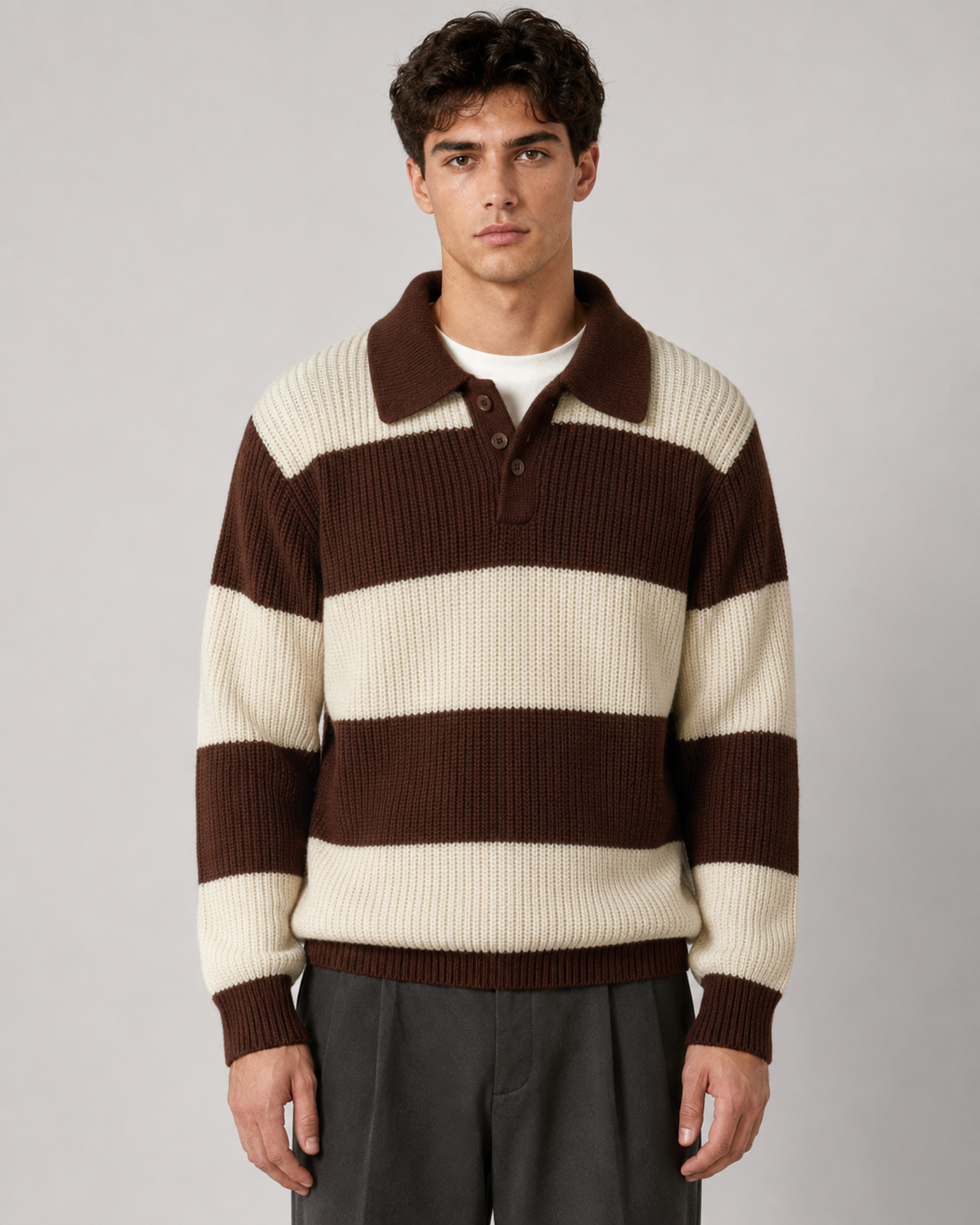 Men's Striped Polo Sweater - Knit Button Collar Pullover