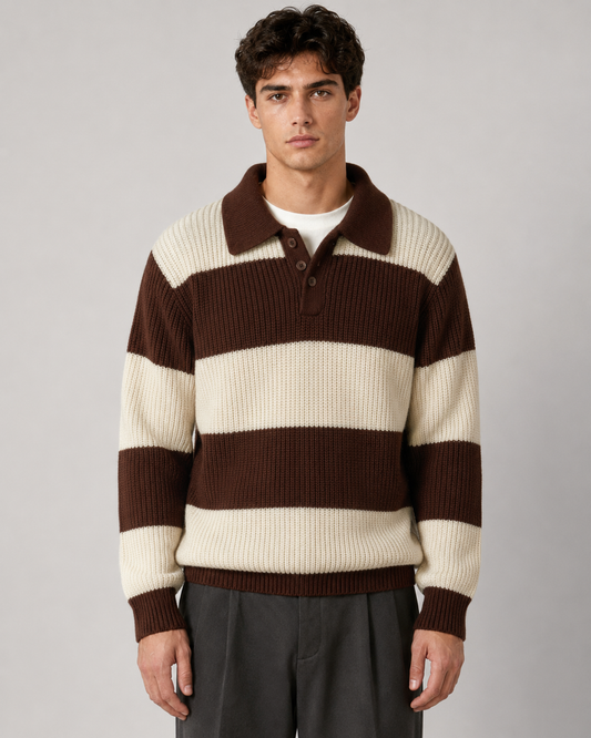 Men's Striped Polo Sweater - Knit Button Collar Pullover