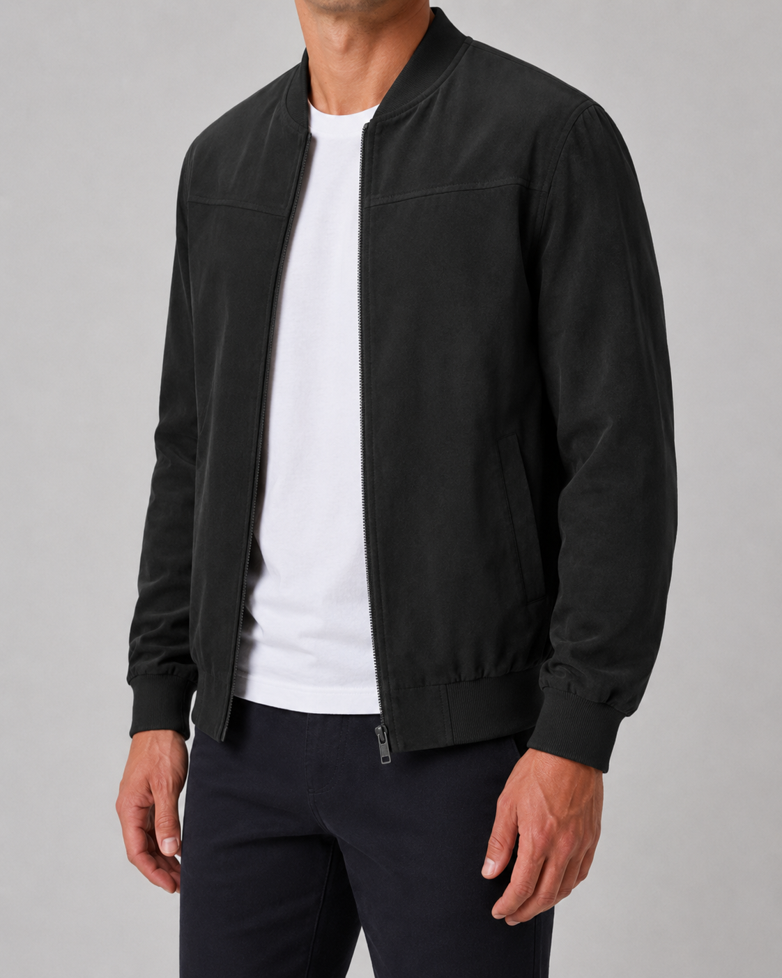 Men's Suede Bomber Jacket - Zip Up Casual Fit
