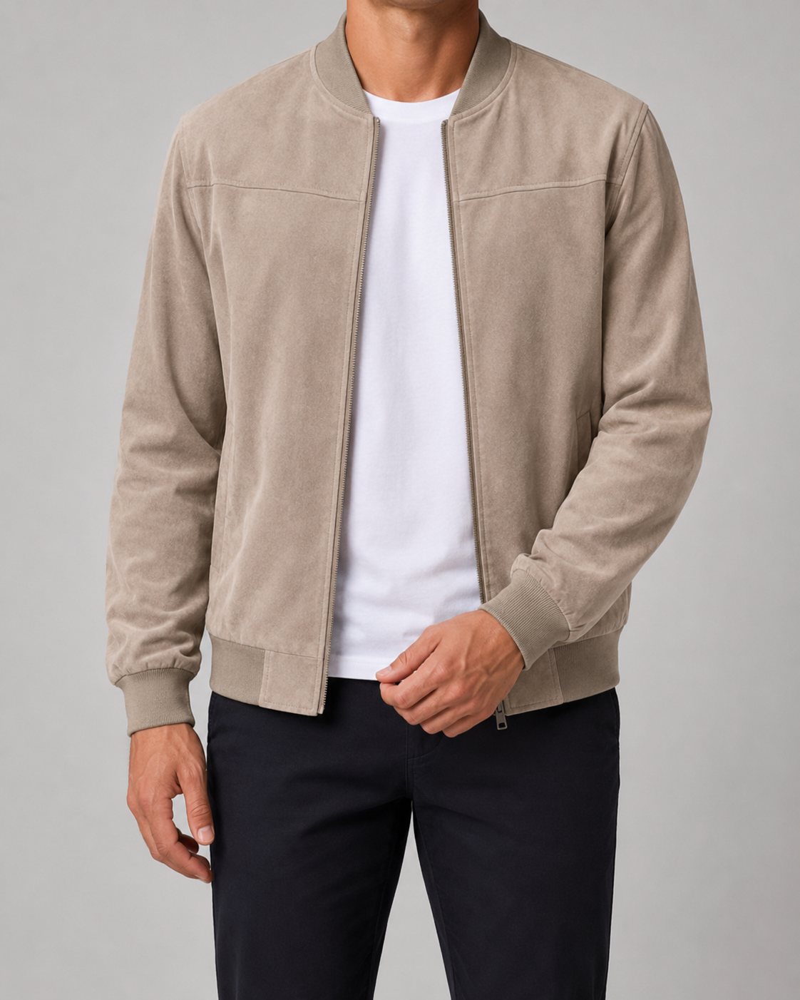 Men's Suede Bomber Jacket - Zip Up Casual Fit