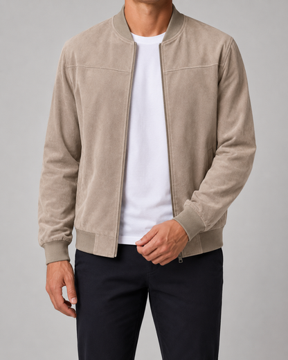 Men's Suede Bomber Jacket - Zip Up Casual Fit