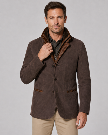 Men's Suede Jacket - Zip Collar Notch Lapel