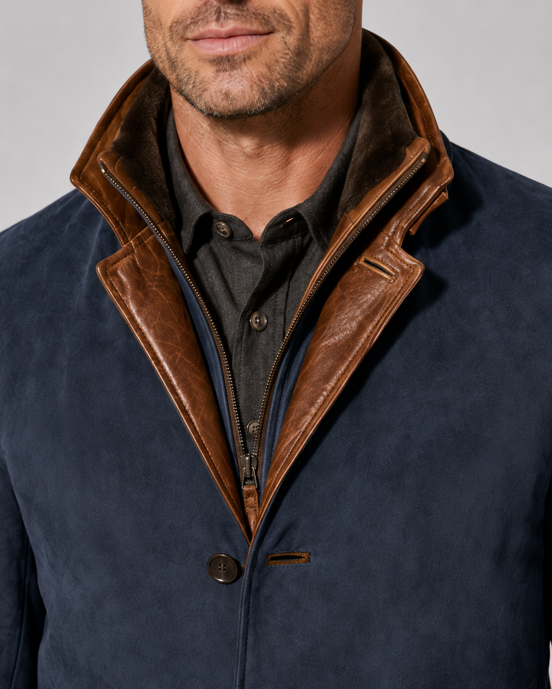 Men's Suede Jacket - Zip Collar Notch Lapel