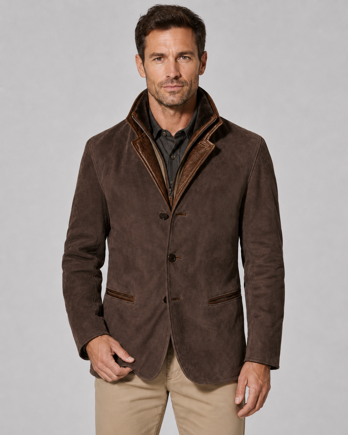 Men's Suede Jacket - Zip Collar Notch Lapel