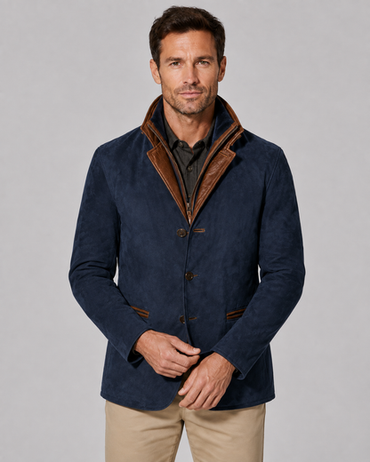 Men's Suede Jacket - Zip Collar Notch Lapel