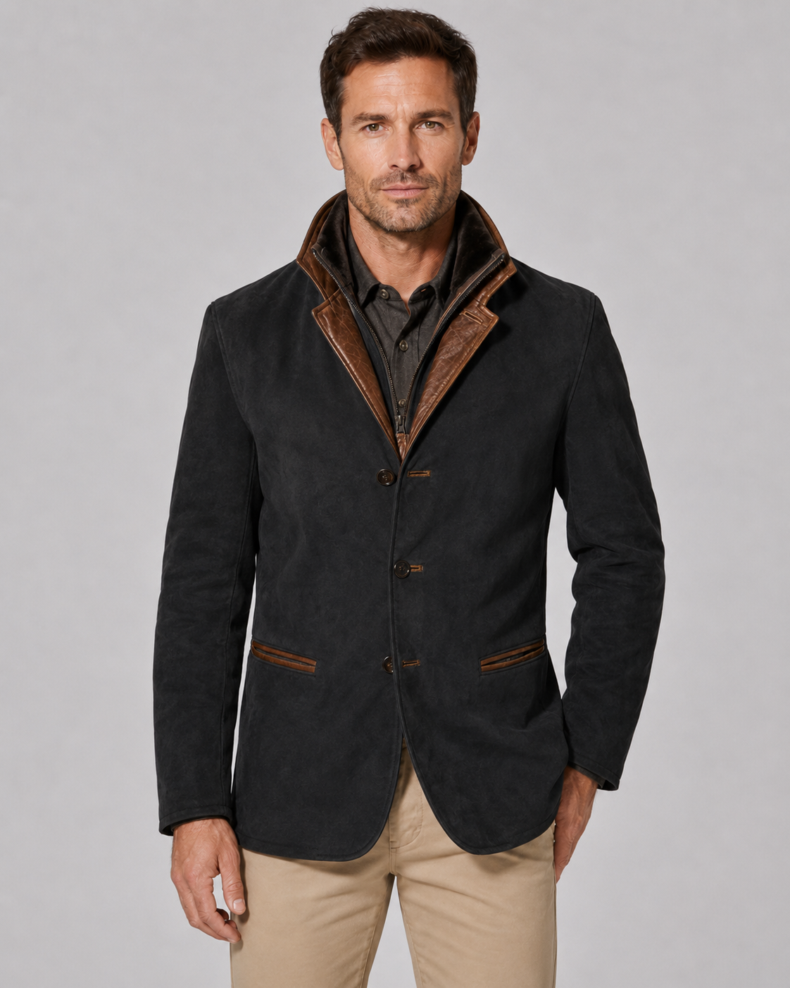 Men's Suede Jacket - Zip Collar Notch Lapel