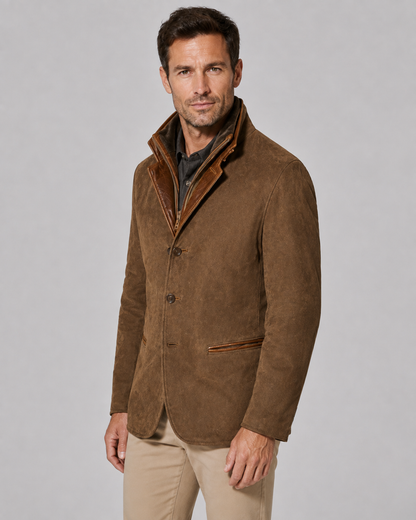 Men's Suede Jacket - Zip Collar Notch Lapel