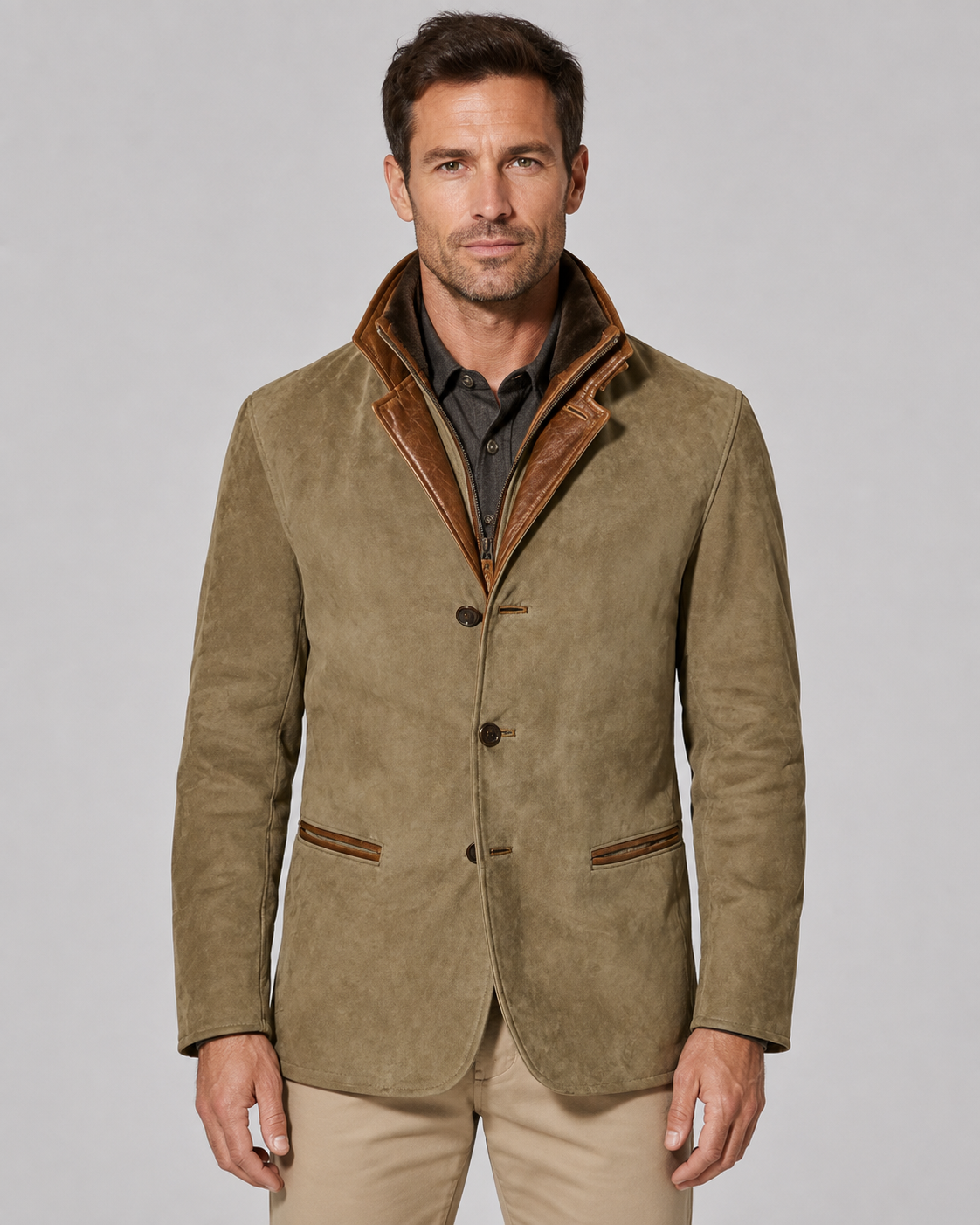 Men's Suede Jacket - Zip Collar Notch Lapel