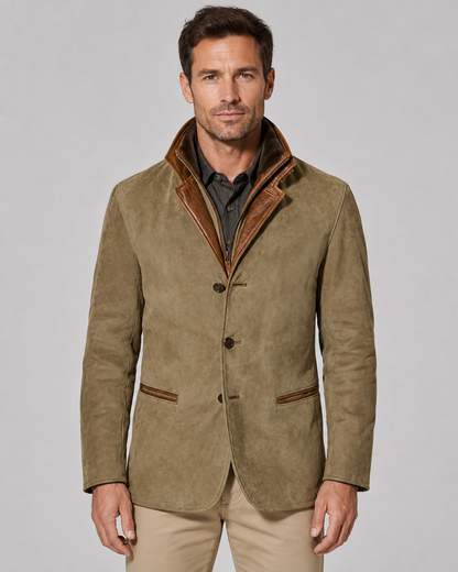 Men's Suede Jacket - Zip Collar Notch Lapel