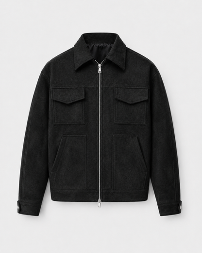 Men's Suede Jacket - Utility Zip Up Relaxed Fit