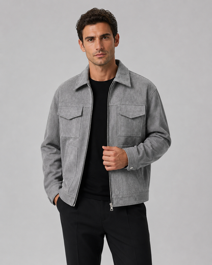 Men's Suede Jacket - Utility Zip Up Relaxed Fit