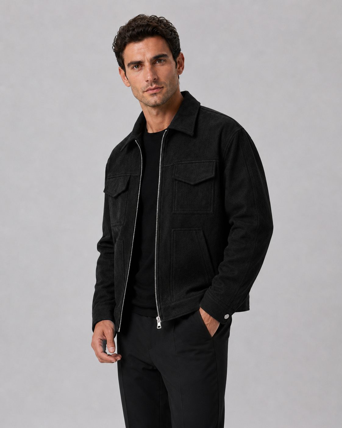 Men's Suede Jacket - Utility Zip Up Relaxed Fit