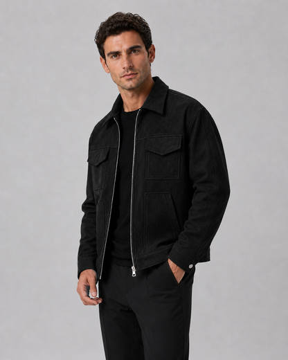 Men's Suede Jacket - Utility Zip Up Relaxed Fit