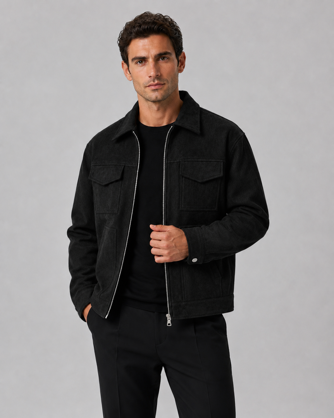 Men's Suede Jacket - Utility Zip Up Relaxed Fit